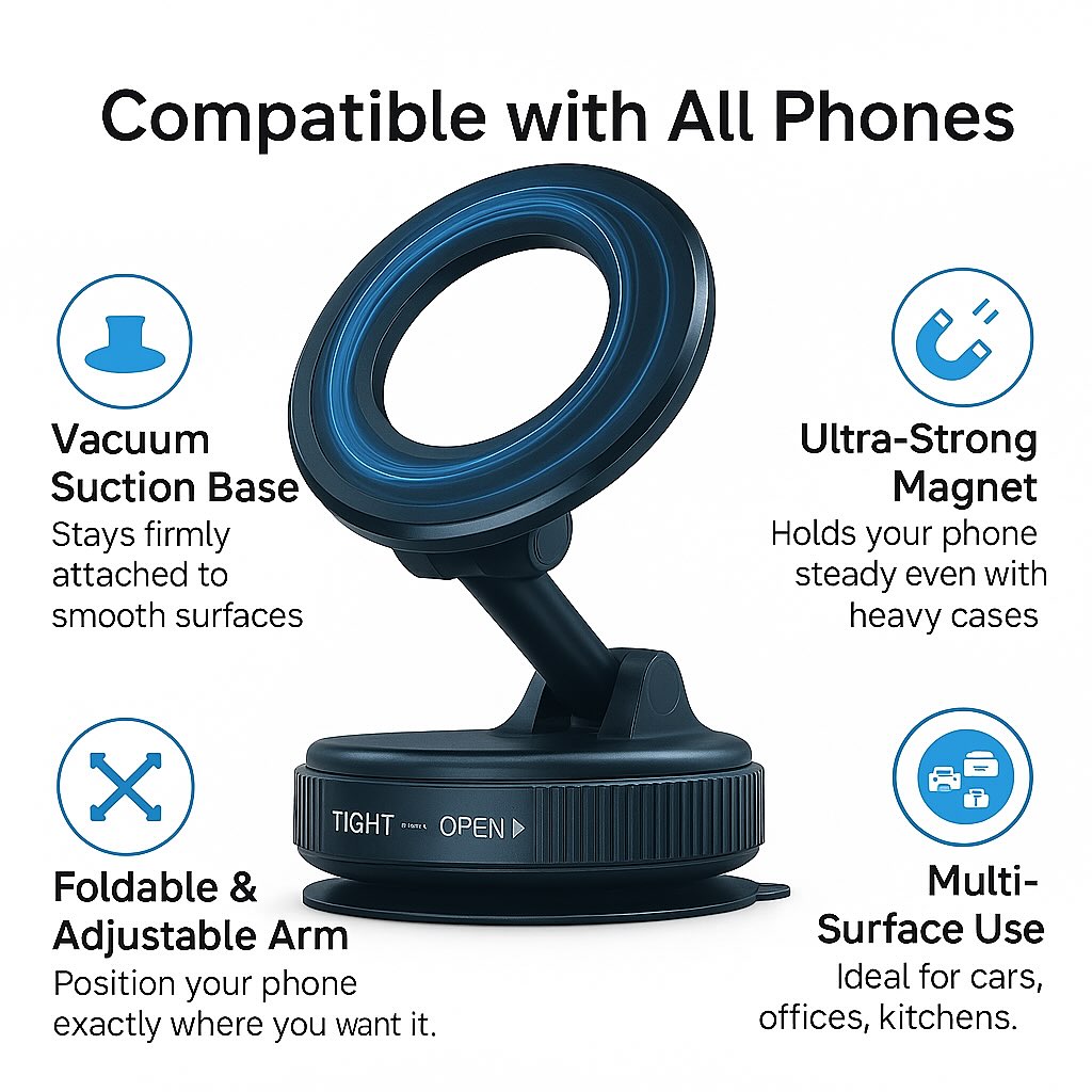 Magnetic Suction Phone Holder - Best Car, Office Desk & more